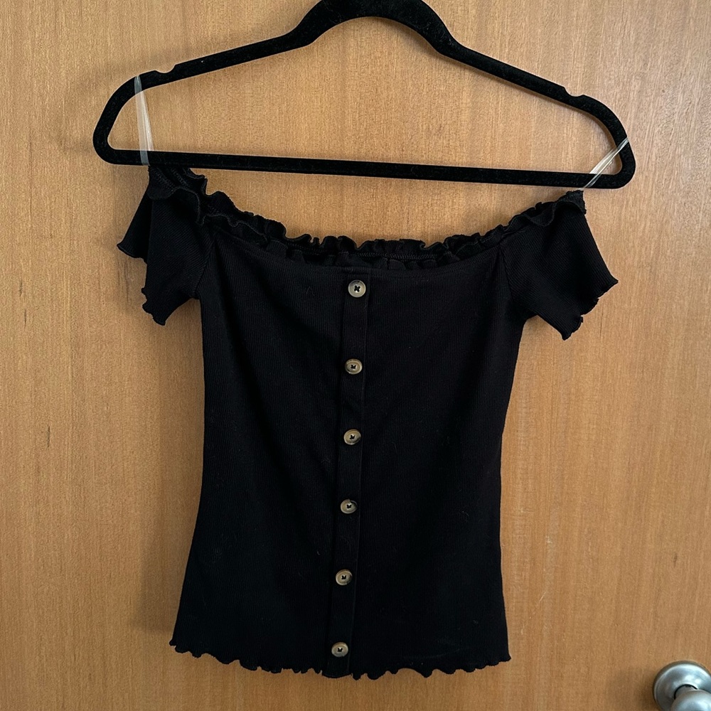 Aero Seriously Soft Black Ribbed Off Shoulder Crop Top Button Down